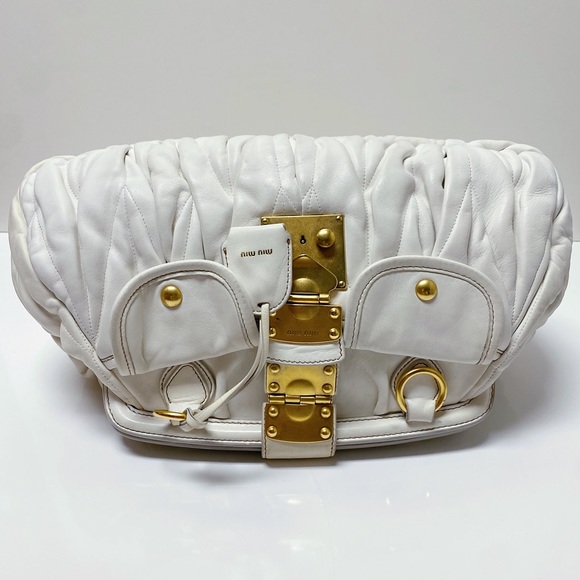 Miu Miu Matelassé Ivory Cream Gold Nappa Leather Large Pouch Clutch Bag Italy - Picture 9 of 13